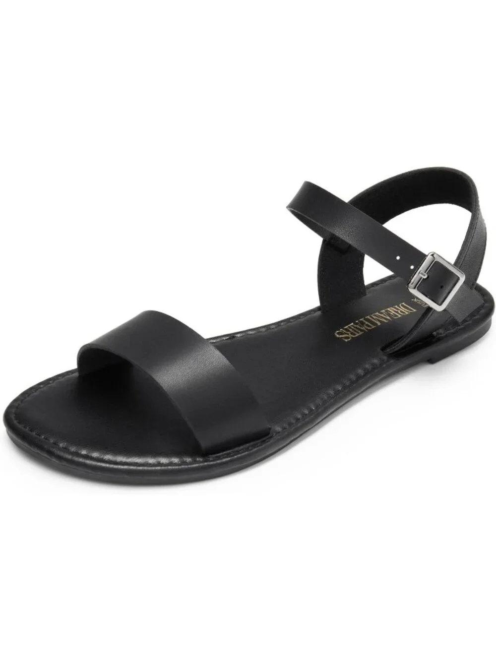 Women's Black Flat Sandals Open Toe Ankle Strap Faux Leather Non Slip Shoes